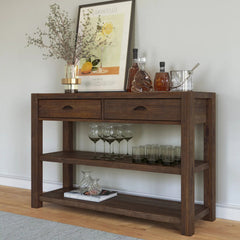 Console Table, Solid Pine with Two Drawers and Two Shelves, Rustic Walnut