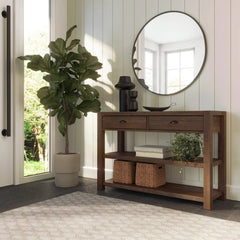 Console Table, Solid Pine with Two Drawers and Two Shelves, Rustic Walnut