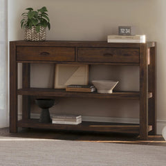 Console Table, Solid Pine with Two Drawers and Two Shelves, Rustic Walnut