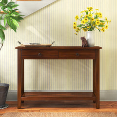Console Table, Solid Pine with Two Drawers, Tobacco