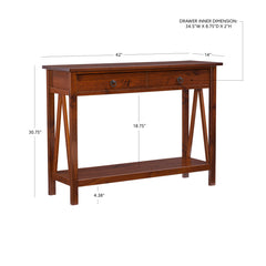 Console Table, Solid Pine with Two Drawers, Tobacco