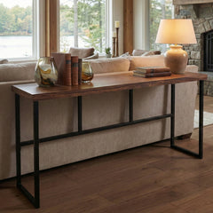 Console Table, Solid Sheesham Wood in Brown with Black Iron Base