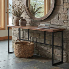 Console Table, Solid Sheesham Wood in Brown with Black Iron Base