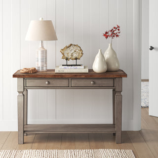 Console Table, Solid Wood, Medium Brown Top, Gray Base