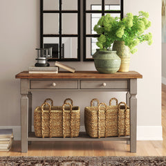 Console Table, Solid Wood, Medium Brown Top, Gray Base