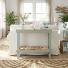 Console Table, Solid Wood with Distressed Finish, Natural Top and Sage Green Base