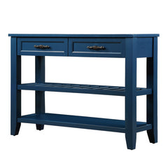 Console Table, Solid Wood with Drawers and Shelves in Navy Blue
