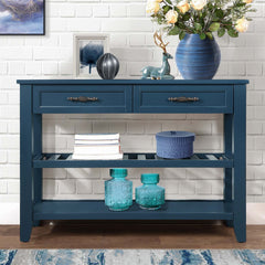 Console Table, Solid Wood with Drawers and Shelves in Navy Blue