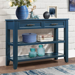 Console Table, Solid Wood with Drawers and Shelves in Navy Blue