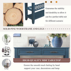 Console Table, Solid Wood with Drawers and Shelves in Navy Blue