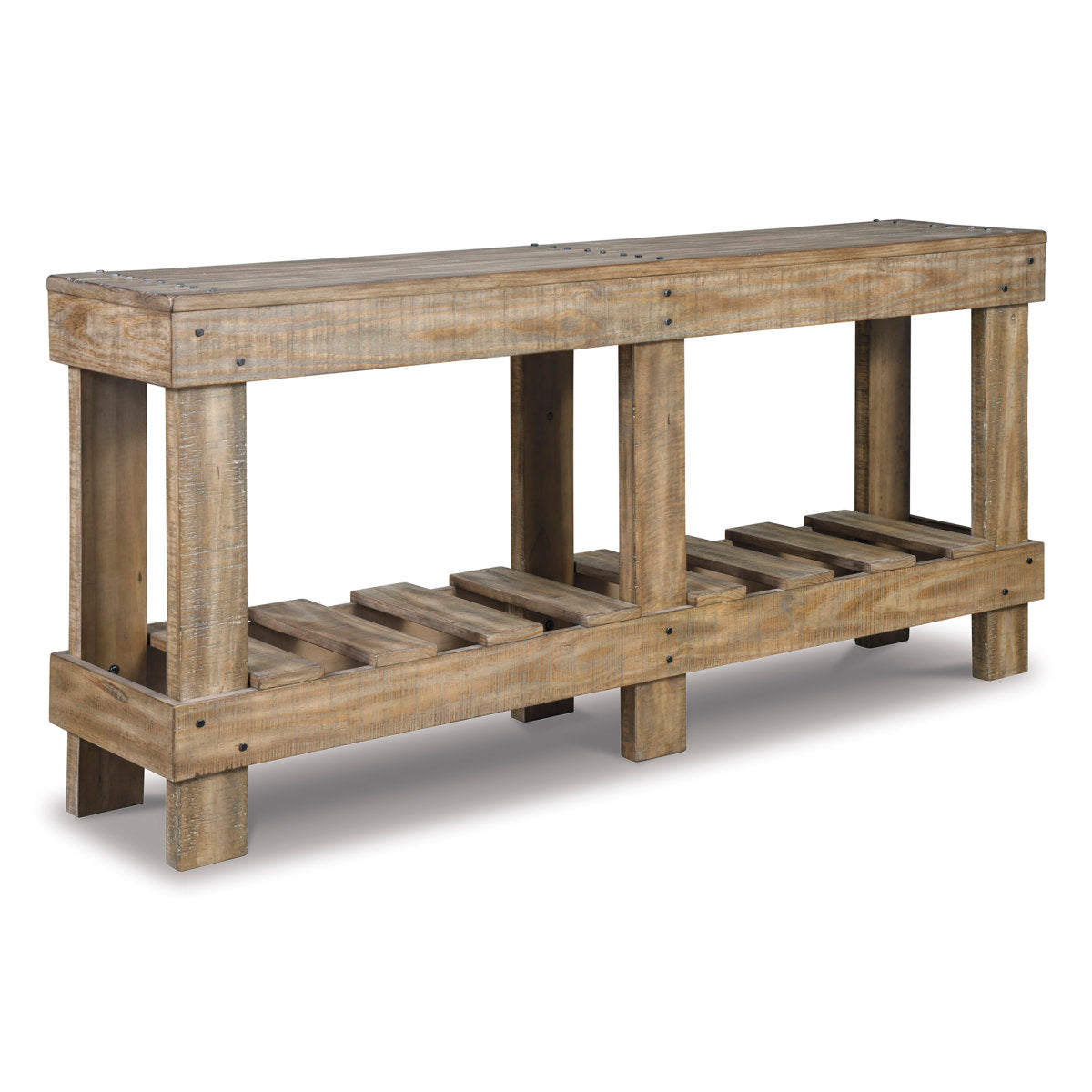Console Table, Solid Wood with Open Shelves, Light Brown Top and Beige Base