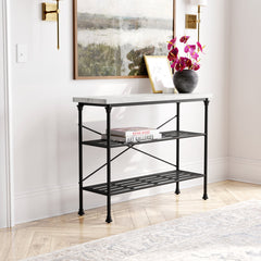Console Table, Two Shelves, White Top with Matte Black Metal Base
