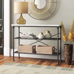 Console Table, Two Shelves, White Top with Matte Black Metal Base