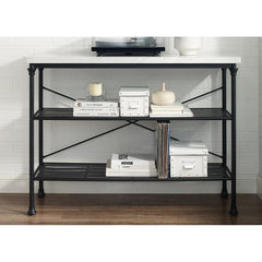 Console Table, Two Shelves, White Top with Matte Black Metal Base