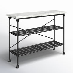Console Table, Two Shelves, White Top with Matte Black Metal Base