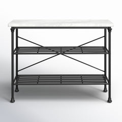 Console Table, Two Shelves, White Top with Matte Black Metal Base