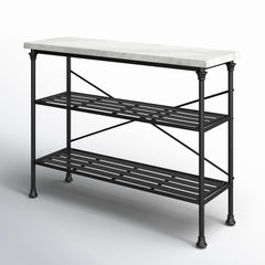 Console Table, Two Shelves, White Top with Matte Black Metal Base