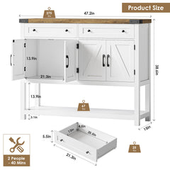 Console Table with 2 Drawers and Cabinets, White Base with Rustic Brown Top