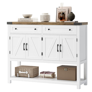 Console Table with 2 Drawers and Cabinets, White Base with Rustic Brown Top