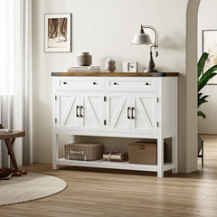 Console Table with 2 Drawers and Cabinets, White Base with Rustic Brown Top