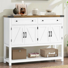 Console Table with 2 Drawers and Cabinets, White Base with Rustic Brown Top