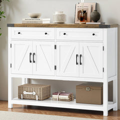 Console Table with 2 Drawers and Cabinets, White Base with Rustic Brown Top