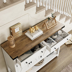 Console Table with 2 Drawers and Cabinets, White Base with Rustic Brown Top