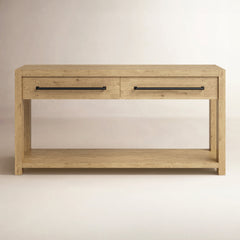 Console Table with 2 Drawers and Open Shelf in Pale Oak Wood