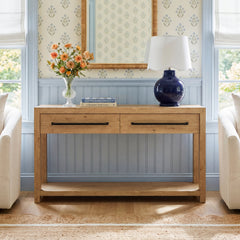 Console Table with 2 Drawers and Open Shelf in Pale Oak Wood