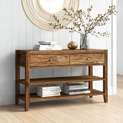 Console Table with 2 Drawers in Brown Solid Acacia Wood