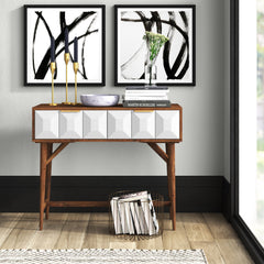 Console Table with 2 Drawers in Solid Acacia Wood, Brown and White
