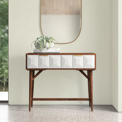 Console Table with 2 Drawers in Solid Acacia Wood, Brown and White