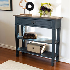 Console Table with Brown Top, Drawer and Two Shelves