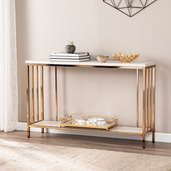 Console Table with Cream Faux Stone Top and Gold Iron Base
