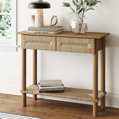 Console Table with Drawers and Shelf, Light Brown Wood