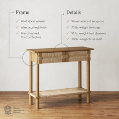 Console Table with Drawers and Shelf, Light Brown Wood