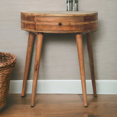 Console Table with Drawers, Solid Wood in Oak Finish with Beige Base