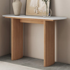 Console Table with Faux Marble Top and Natural Rubberwood Base