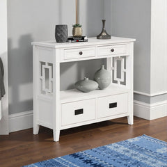 Console Table with Four Drawers and Open Shelf in Antique White