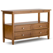 Console Table with Four Drawers and Open Shelf in Light Golden Brown Solid Pine