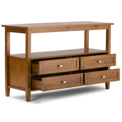 Console Table with Four Drawers and Open Shelf in Light Golden Brown Solid Pine