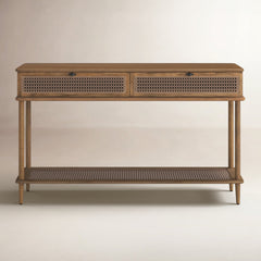 Console Table with One Shelf and Two Drawers in Oak Stain