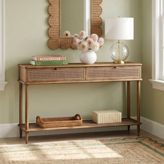 Console Table with One Shelf and Two Drawers in Oak Stain