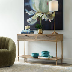 Console Table with One Shelf and Two Drawers in Oak Stain