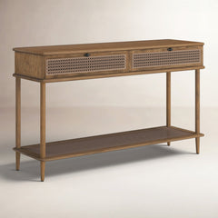 Console Table with One Shelf and Two Drawers in Oak Stain