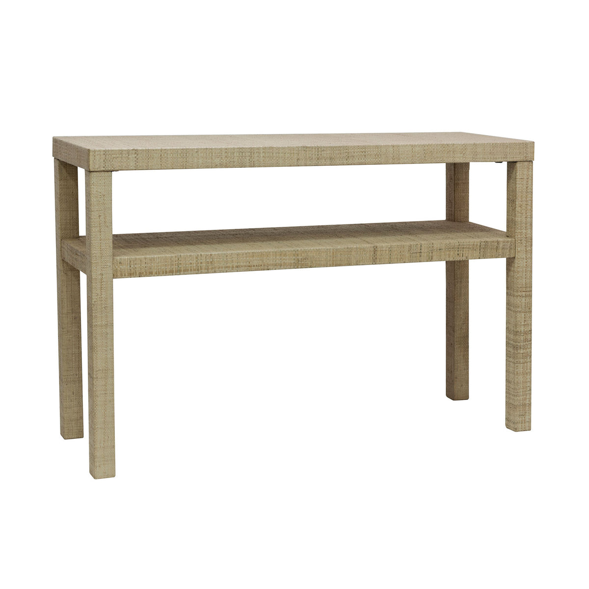 Console Table with Raffia-Wrapped Frame and Two Open Shelves in Light Brown