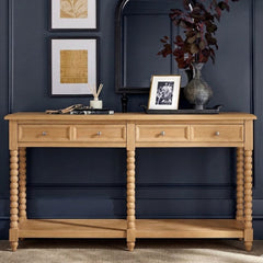 Console Table with Two Drawers and Solid Wood Legs in Oak