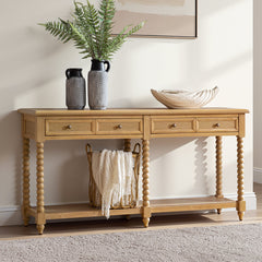 Console Table with Two Drawers and Solid Wood Legs in Oak
