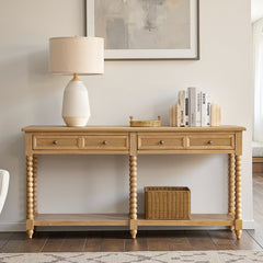 Console Table with Two Drawers and Solid Wood Legs in Oak