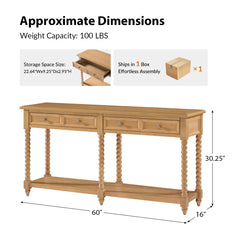 Console Table with Two Drawers and Solid Wood Legs in Oak